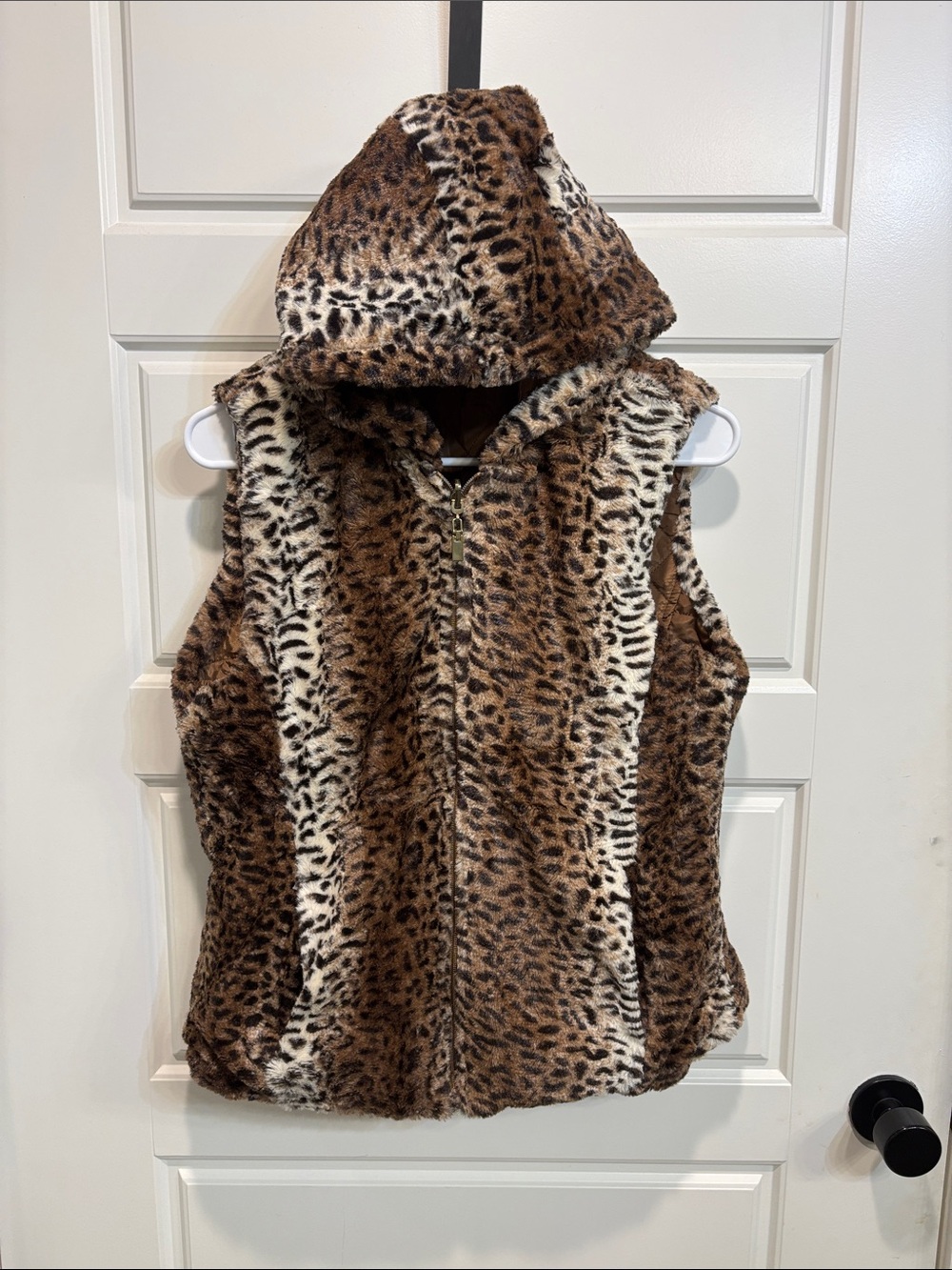 Louise Paris Faux Fur Leopard Print Reversible Hooded Vest - Brown & Cream